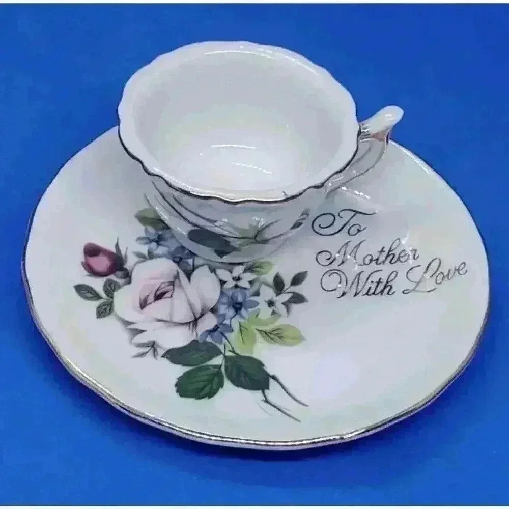 Vintage 2 Pc Miniature Tea Cup & Saucer Set Roses To Mother With Love Japan 50s - Picture 2 of 9